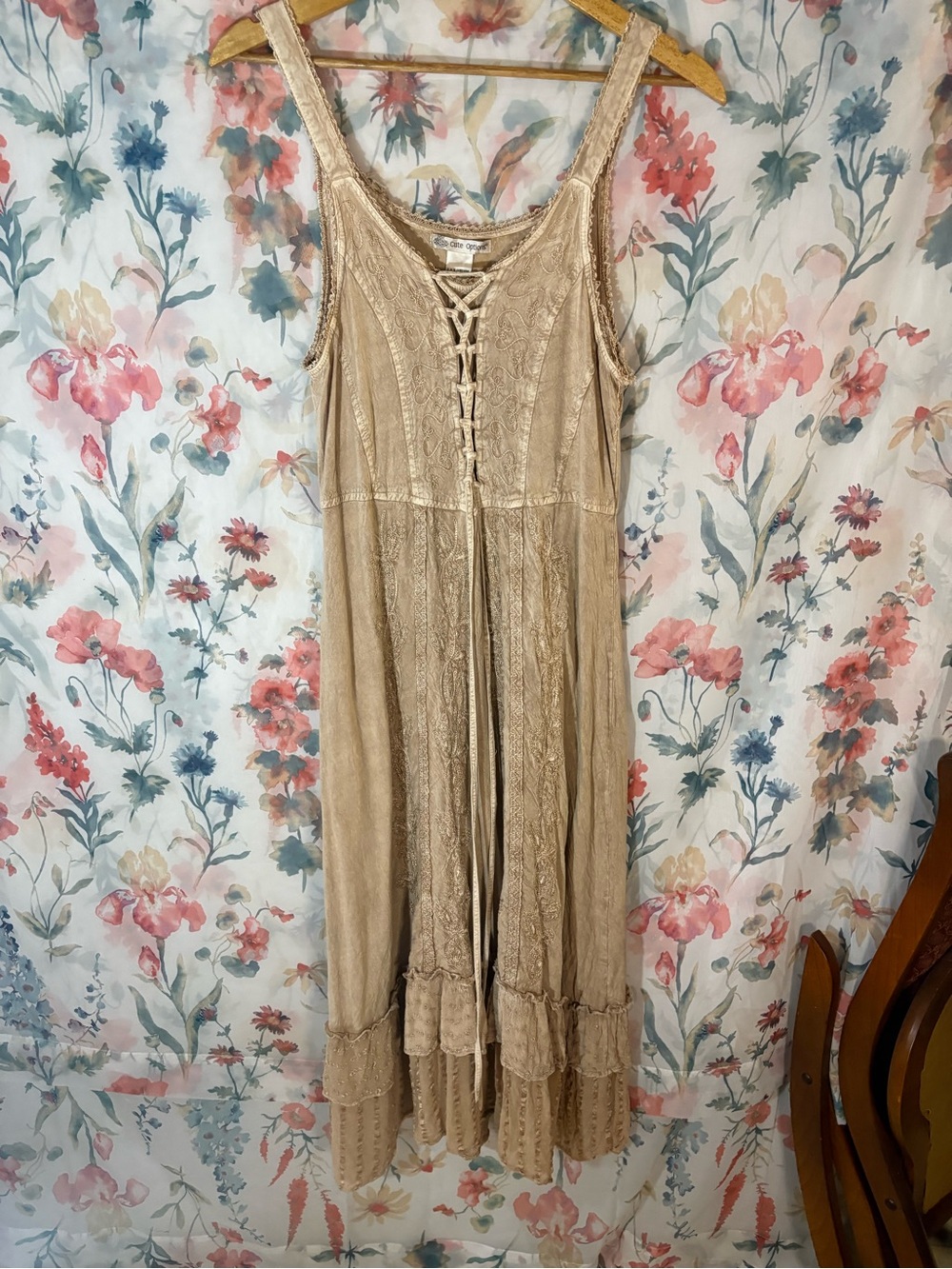 Vintage Boho Lace-Up Beige Maxi Dress